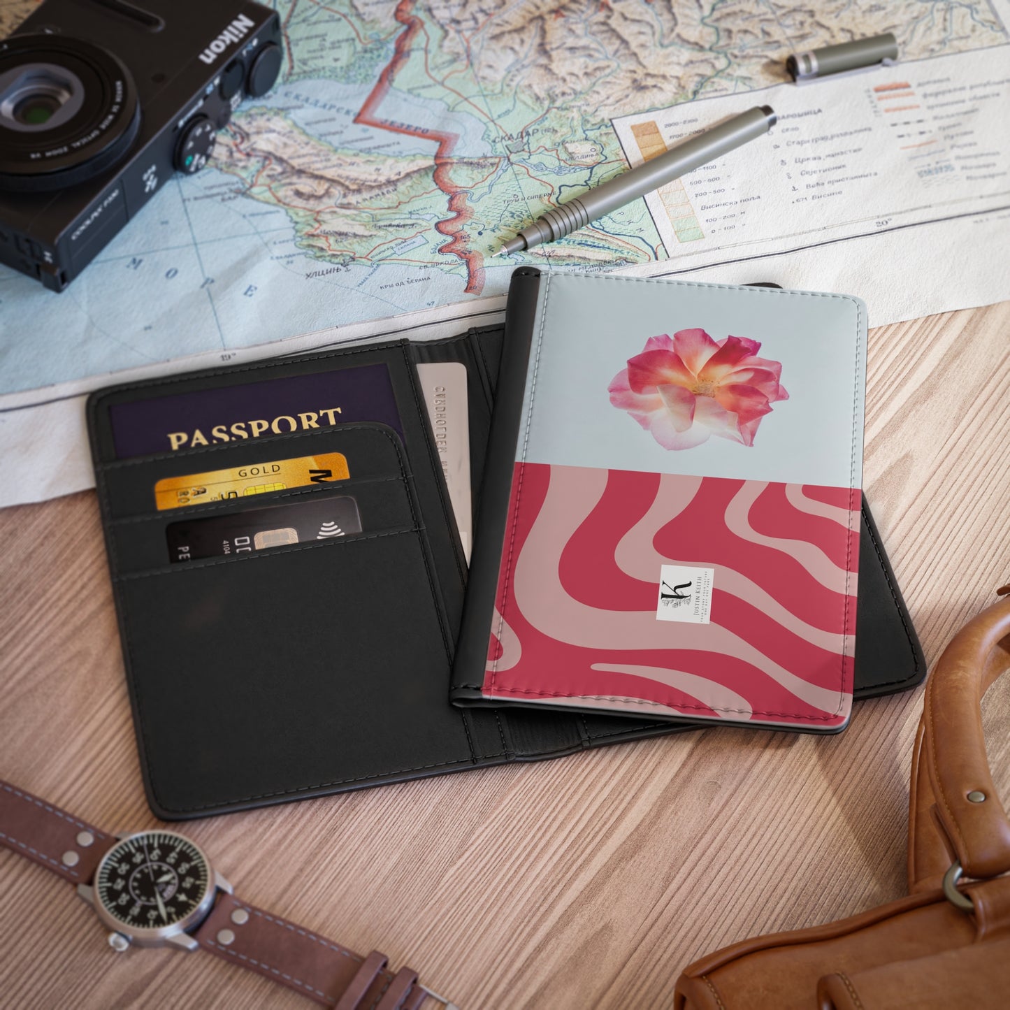 Blue & Pink Rose Blooming Passport Cover