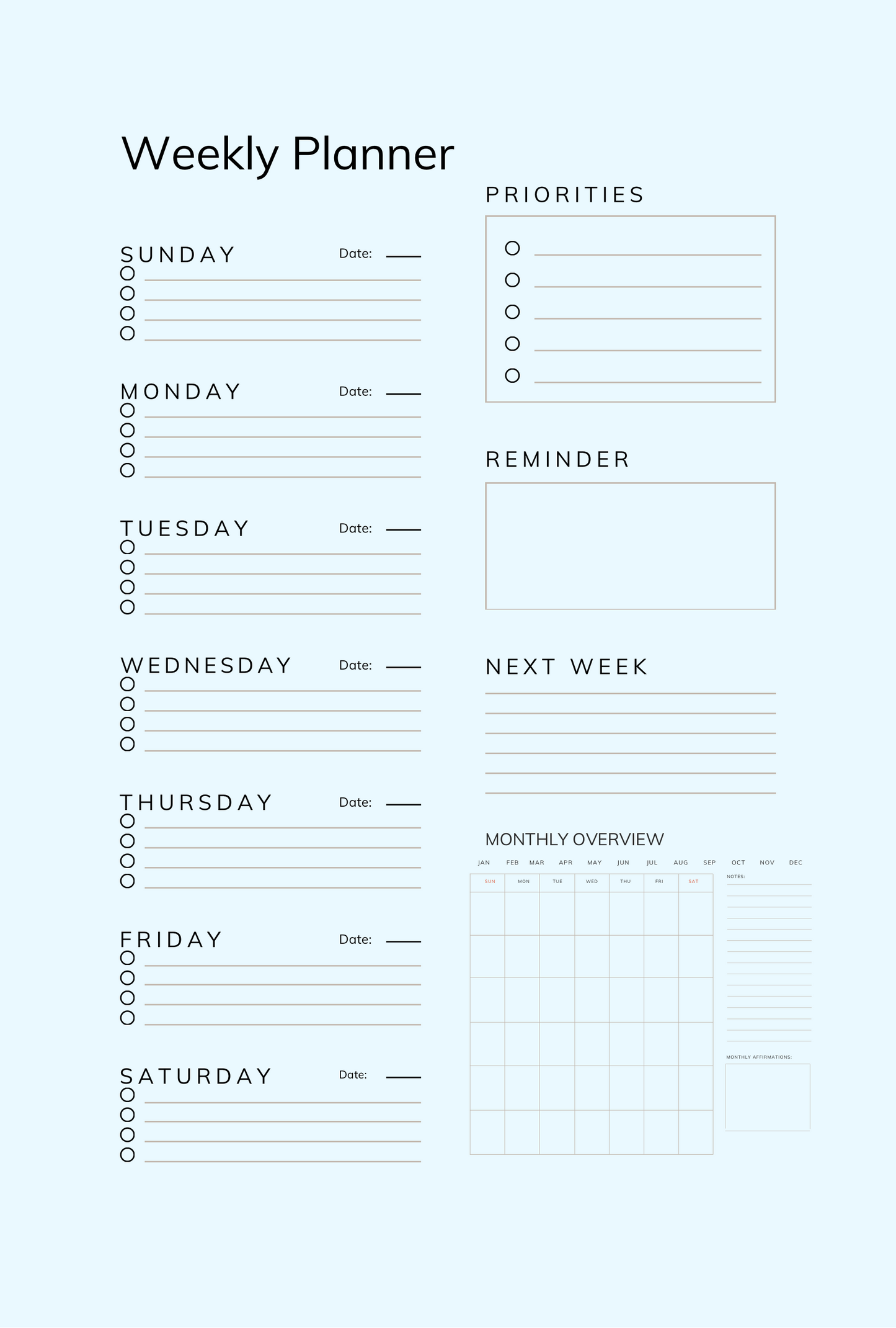 Blue & Pink Rose Blooming Weekly Planner